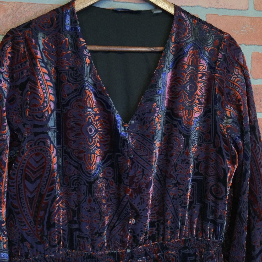 Dark Paisley Velvet Burnout Midi Dress Tahari PXL XL Petite Whimsigoth Grunge - Picture 2 of 12